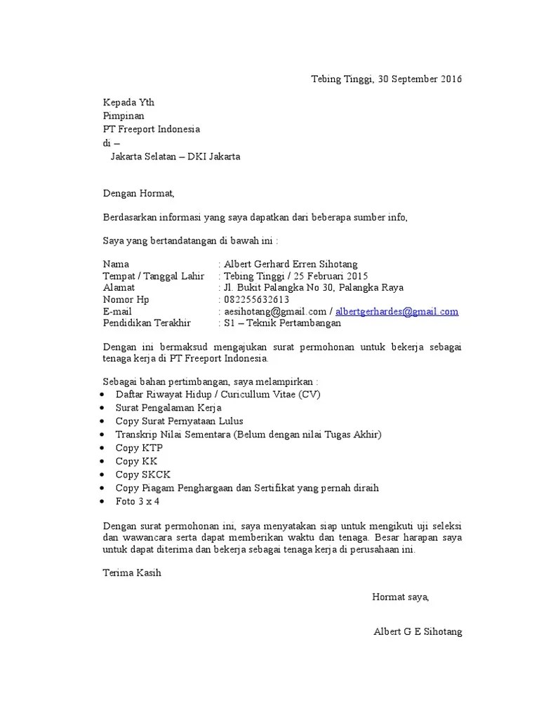 8 Contoh Surat Lamaran Kerja Untuk Pt Freeport 8000+ Contoh Surat