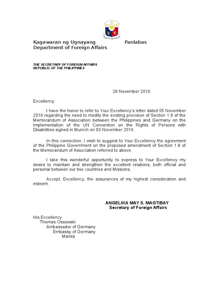 Diplomatic Letter Sample Diplomatic Mission Foreign Relations