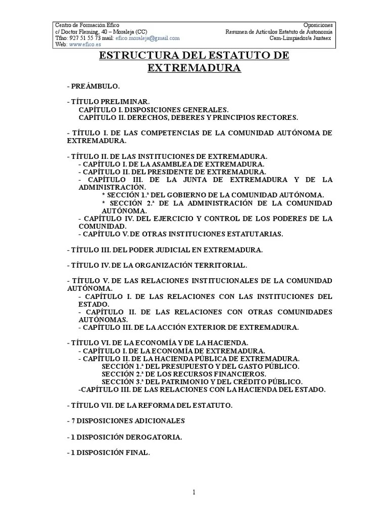 ESTRUCTURA y Resumen de Articulos ESTATUTO de AUTONOMIA CamLimpiador