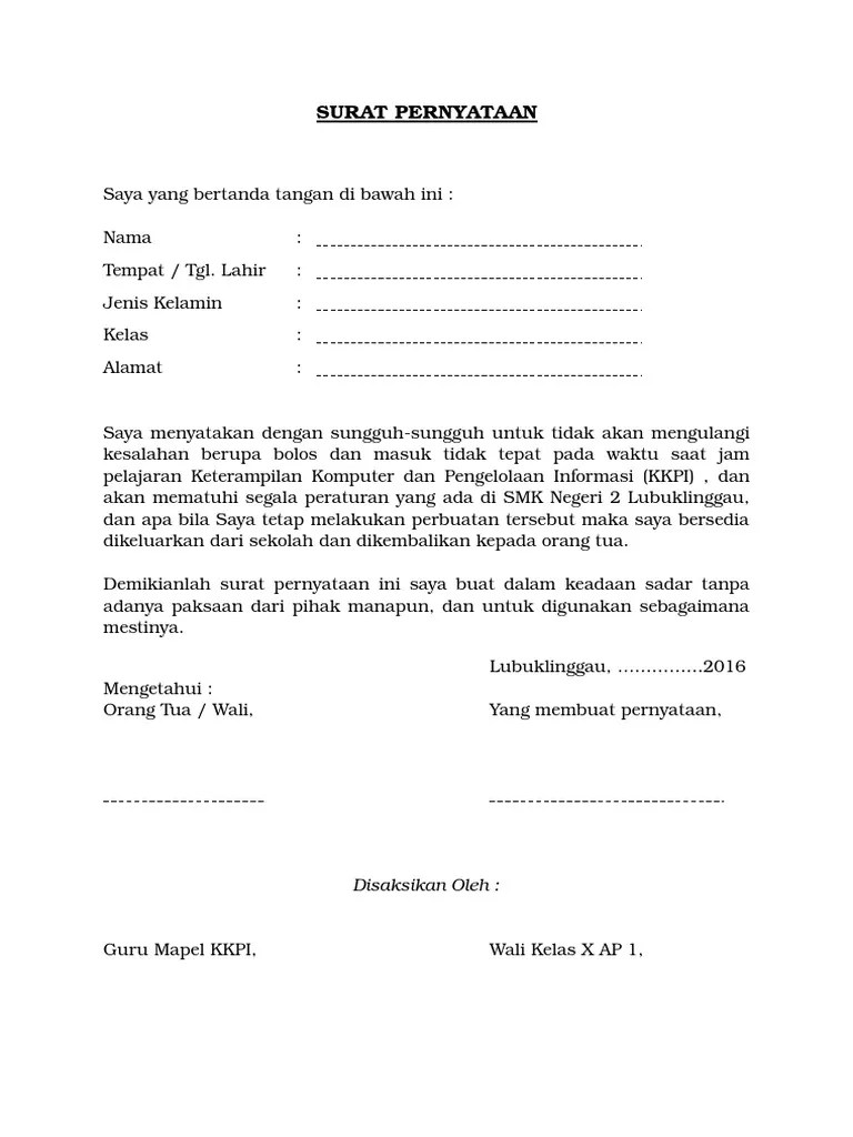 5 Contoh Surat Pernyataan Tidak Melakukan Pelanggaran Siswa File Word | Pdf