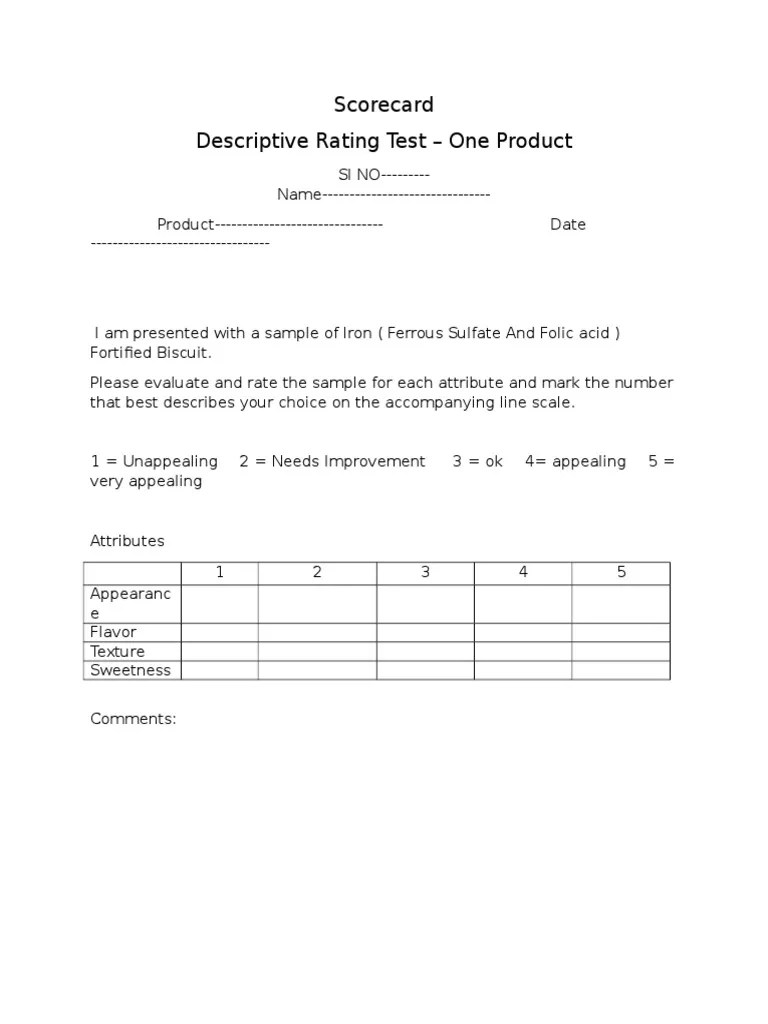 Scorecard Descriptive Rating Test One Product PDF