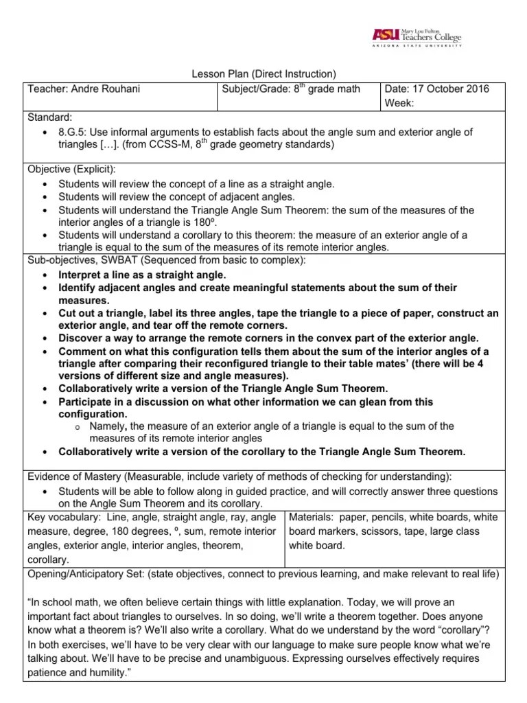 triangle angle sum theorem lesson plan october 2016