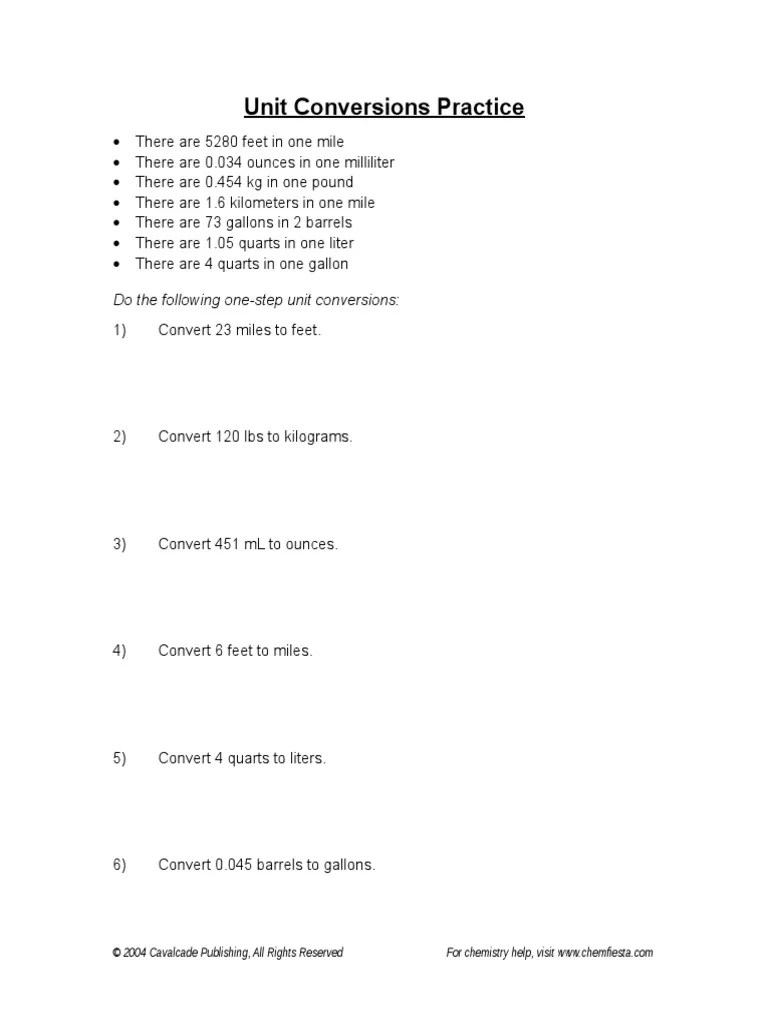 Unit Conversions Worksheet PDF