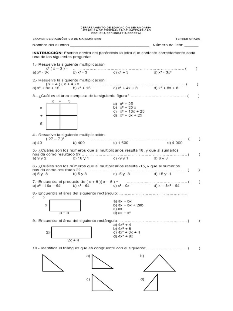 Examen de Diagnóstico Matematicas 1 y 3 Triangle Secondary Education