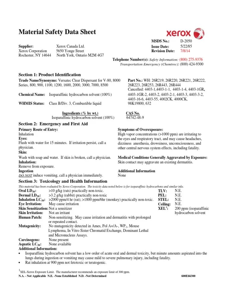Material Safety Data Sheet Xerox Business Services PDF Toxicity