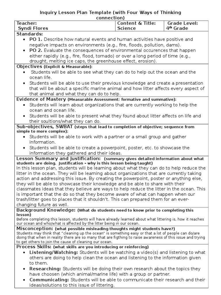 Lesson Plan Template Inquiry Lesson Plan Template With Four Ways of Thinking Connection PDF