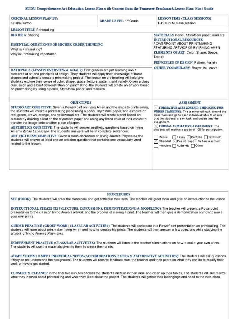 1st Grade Mtsu Comprehensive Art Education Lesson Plan TN Benchmarks 1 PDF Educational