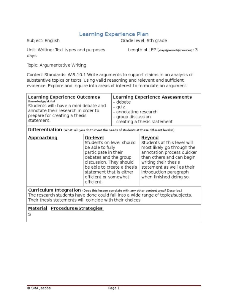 learning experience plan day2 Thesis Essays