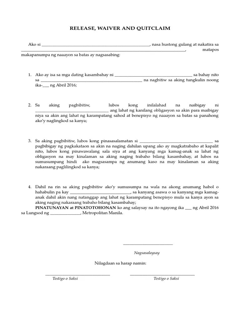 Release Waiver Quitclaim (Tagalog) Kasambahay