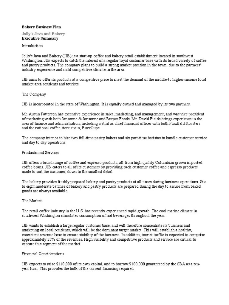 Bakery Business Plan Sample PDF Coffee Financial Accounting