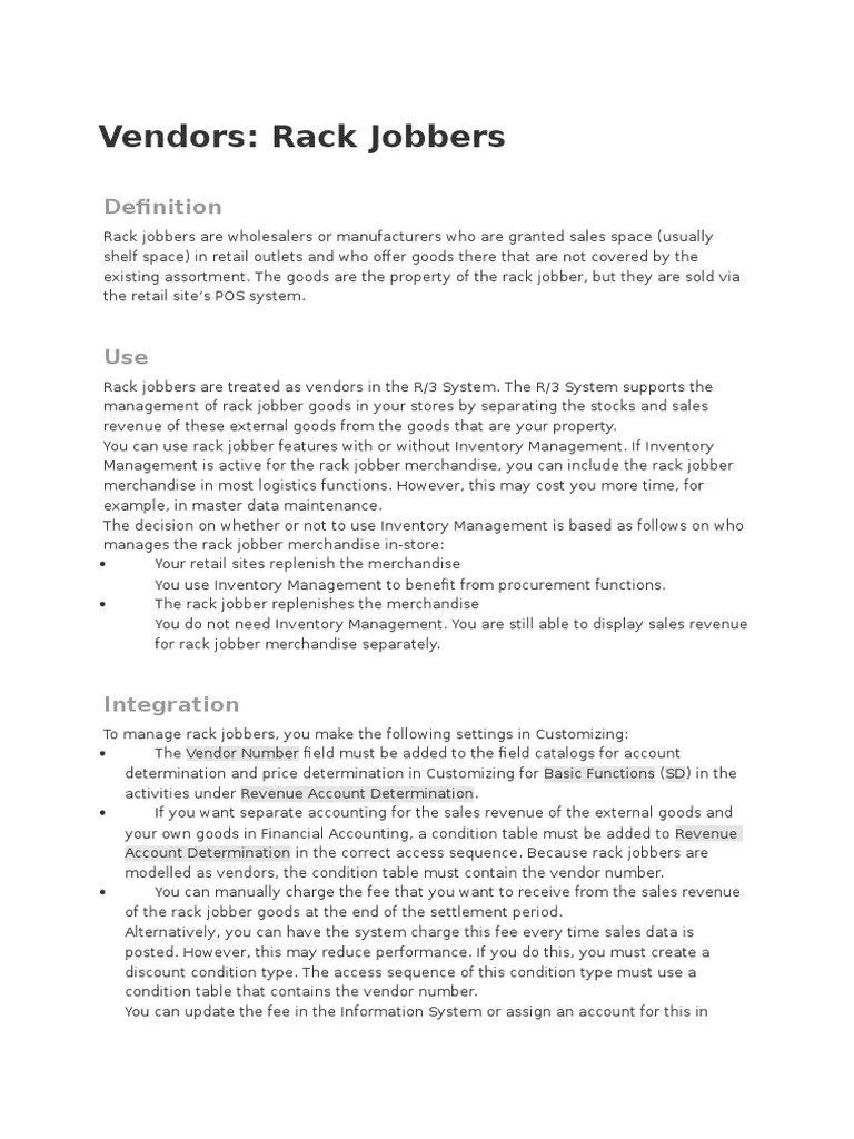 Rack Jobbers Inventory Retail