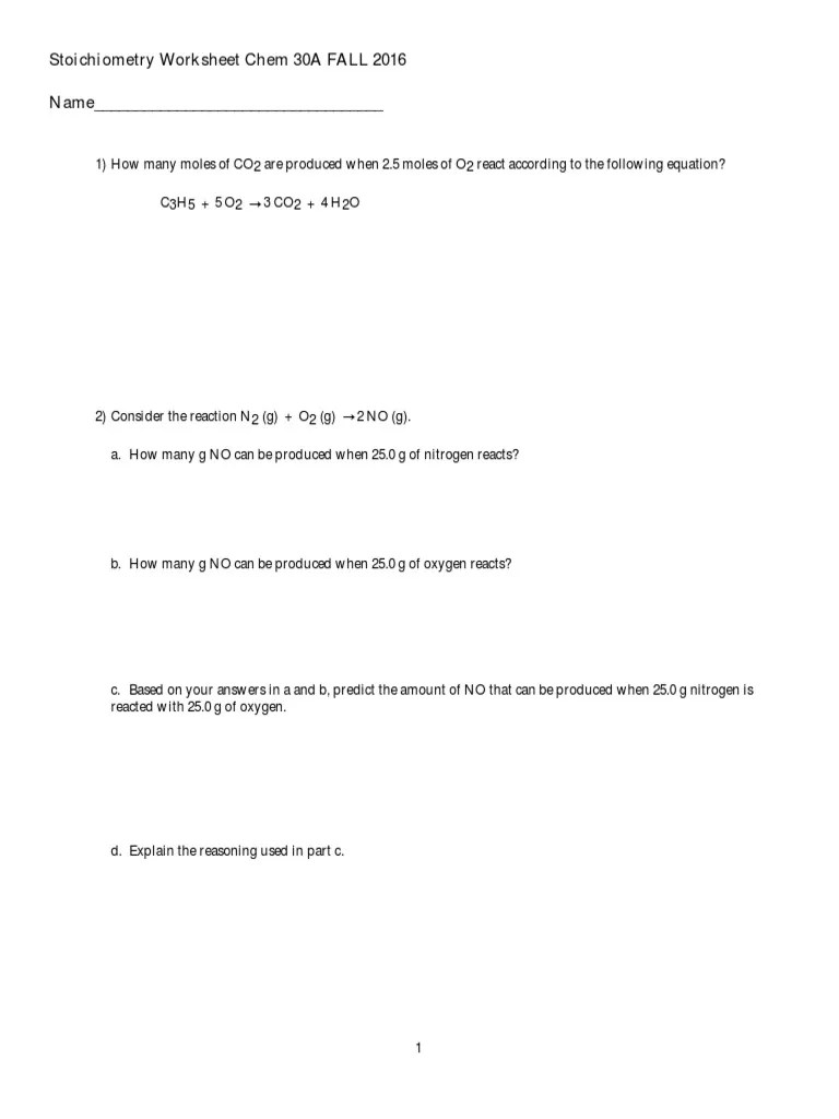 stoichiometry worksheet with answers