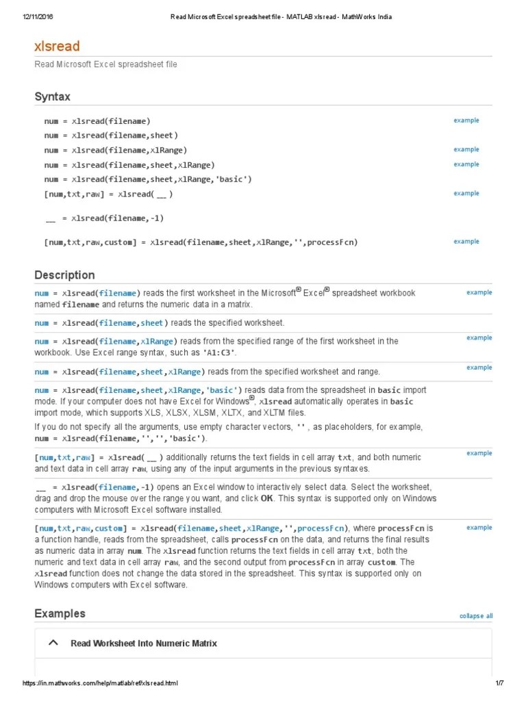 Read Microsoft Excel Spreadsheet File MATLAB Xlsread MathWorks