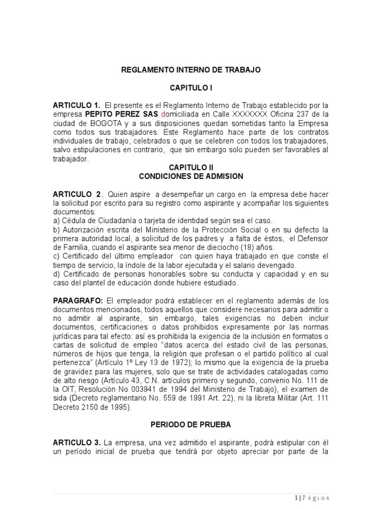 Ejemplo Reglamento Interno de Trabajo
