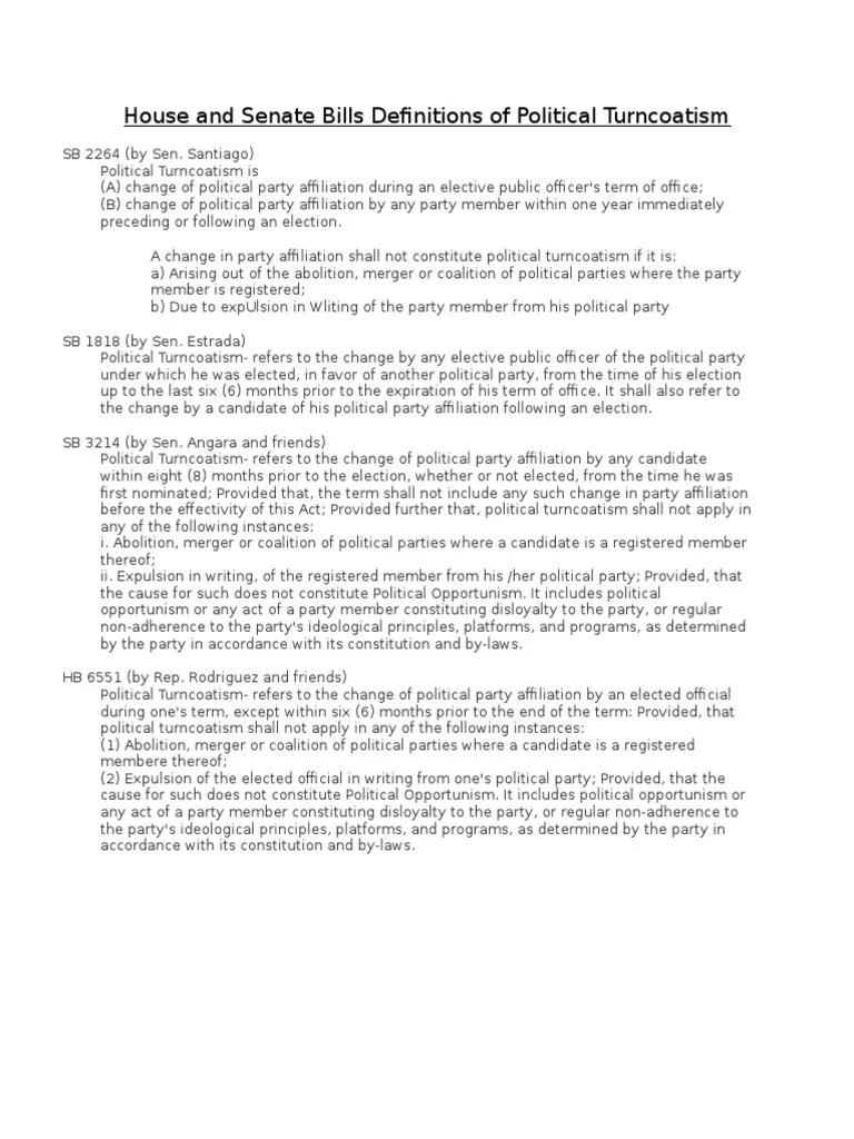 House and Senate Bills Definitions of Political Turncoatism United