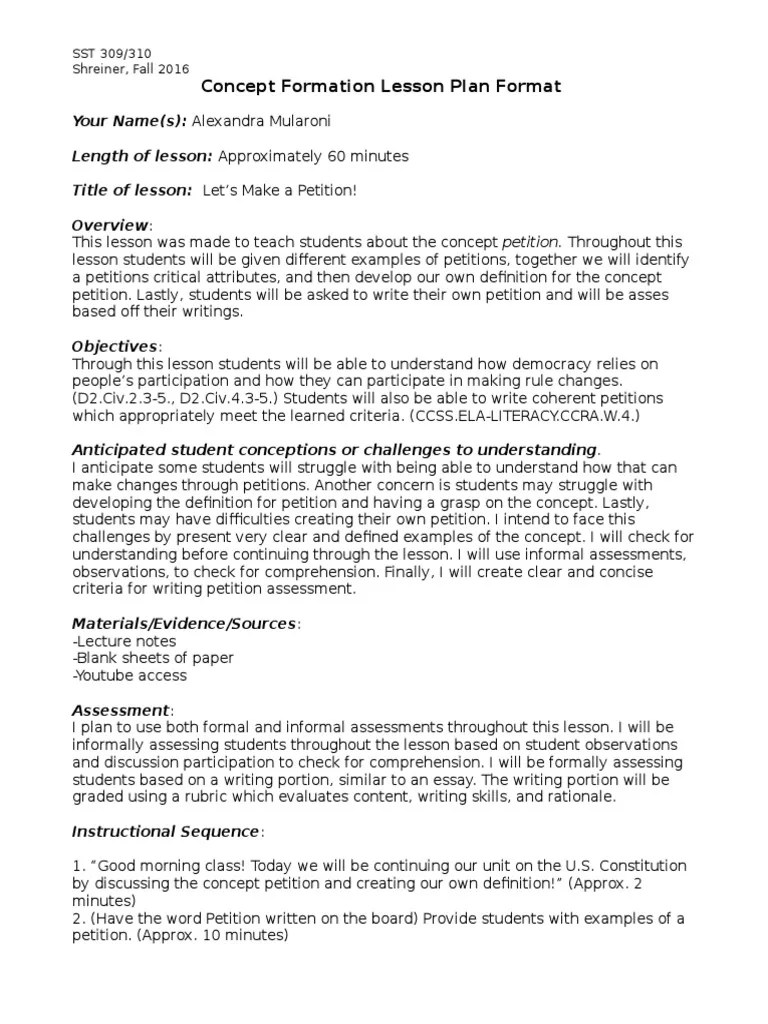 concept formation lesson plan Educational Assessment Concept