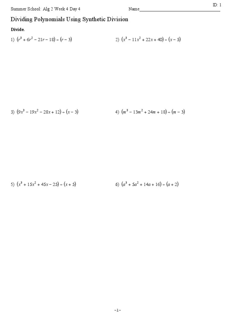 Synthetic Division Worksheet With Answers – Imsyaf.com