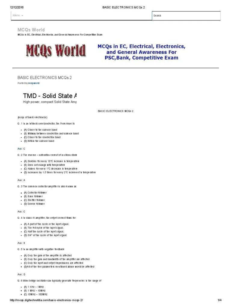 Basic Electronics Mcqs 2 PDF Electronic Oscillator Amplifier