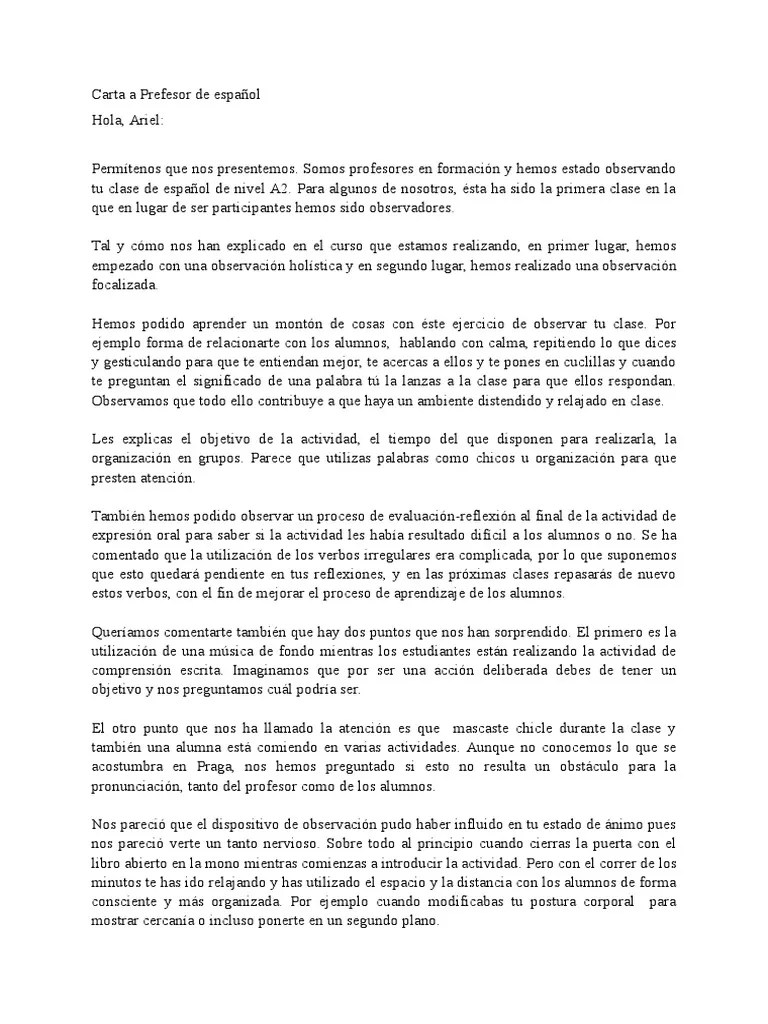 Carta a Un Profesor de Español Lengua española Verbo