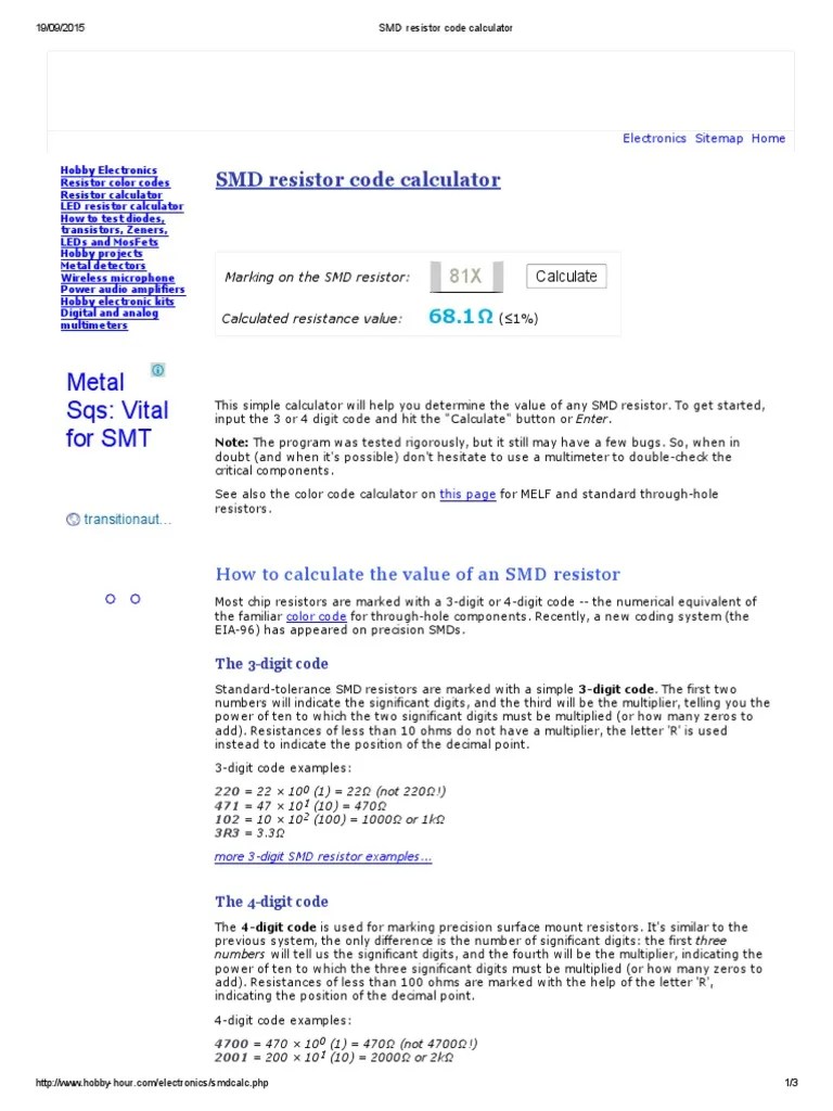SMD Resistor Code Calculator PDF Resistor Electrical Equipment