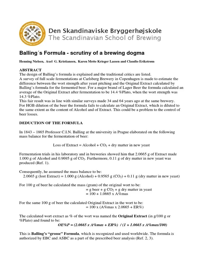 Balling Formula Scrutiny of a Brewing Dogma Brewing Beer