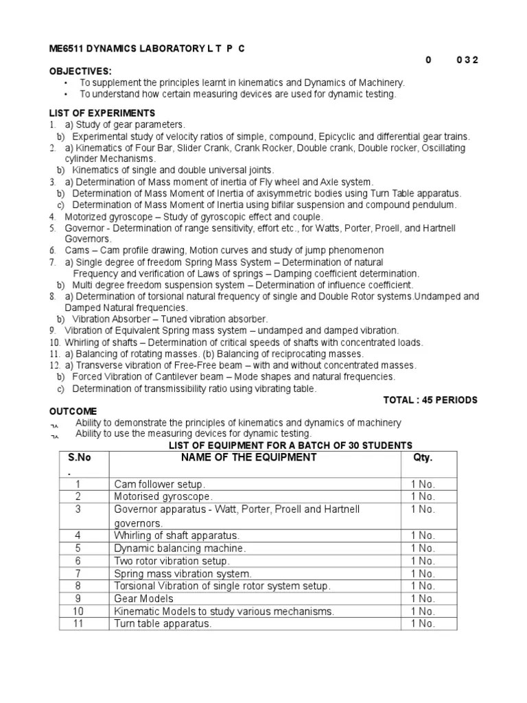 Dynamics Lab Manual PDF Gear Kinematics