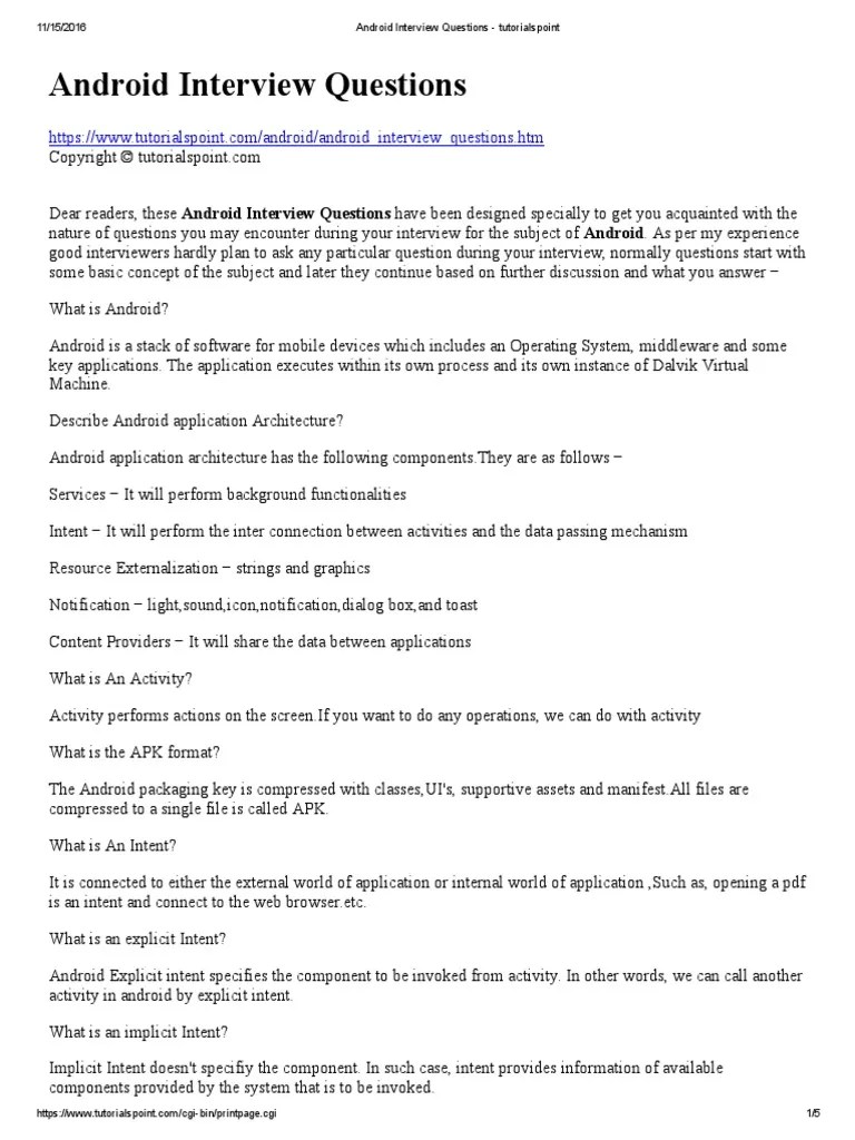 Android Interview Questions Tutorialspoint Android (Operating