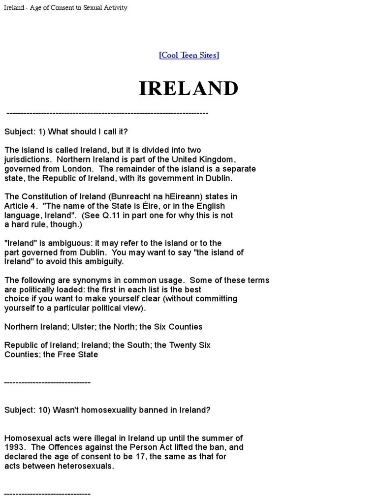 Ireland — Age of Consent Homosexual acts were illegal in Ireland up