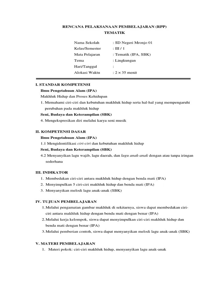 RPP Tematik Kelas 3 SD (IPA, SBK) Ciri Makhluk Hidup | PDF