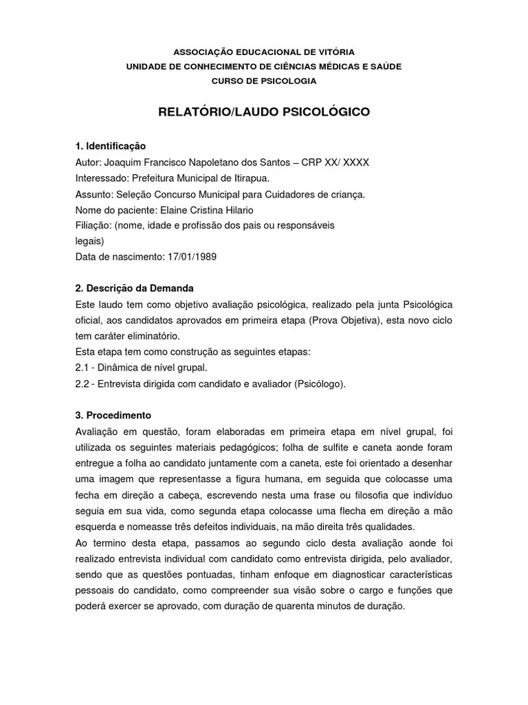 Modelo de laudo psicológico Psicologia e ciência cognitiva