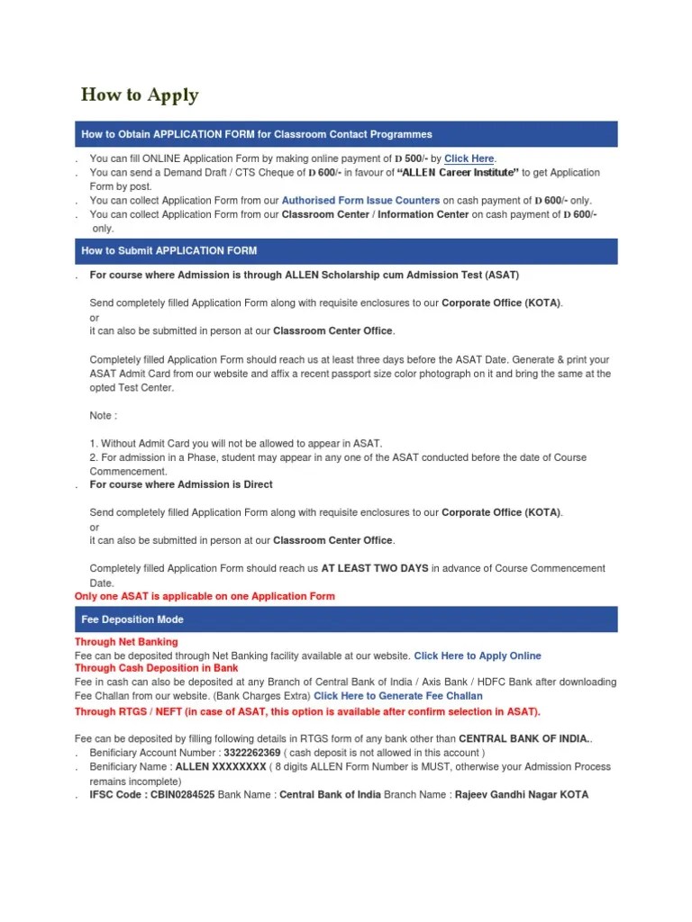 How To Apply For Allen Nurture Courses PDF Cheque Fee