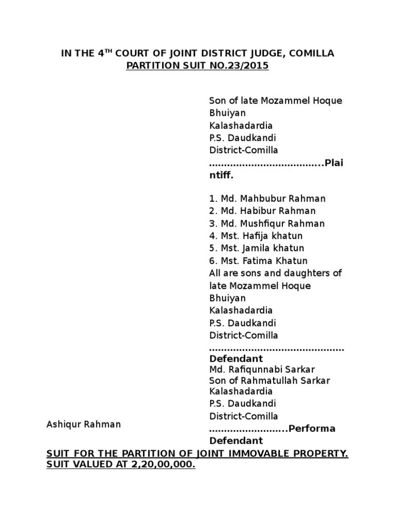 Plaint On Partition Suit PDF Civil Law Law) Lawsuit
