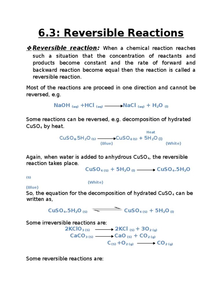 6.3 Reversible Reactions Chemical Equilibrium Solution