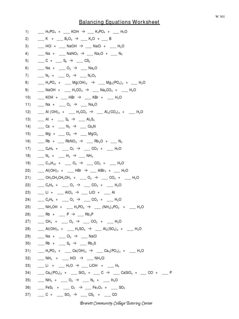 w301 Balancing Equations Worksheet