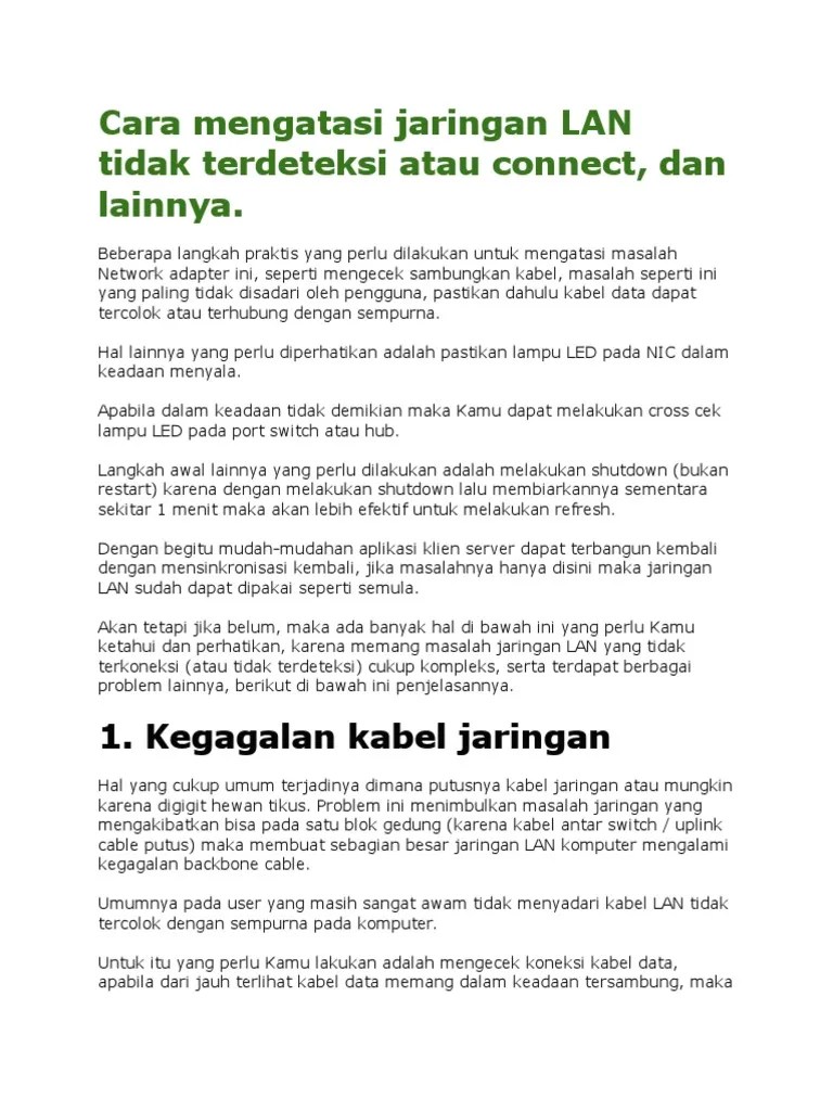 Cara Mengatasi Jaringan LAN Tidak Terdeteksi Atau Connect | PDF