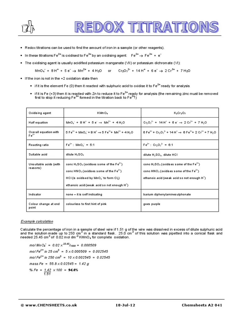 Chemsheets A2 041 (Redox Titrations) | PDF | Redox | Titration