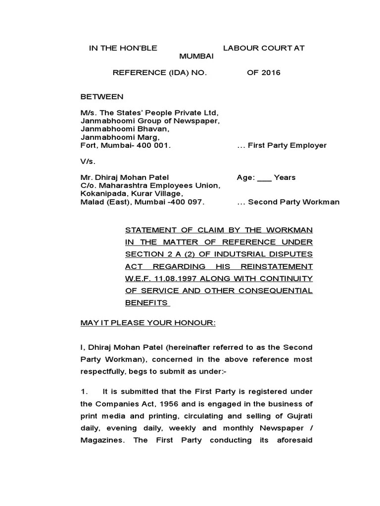Statement of Claim in Labour Court PDF Public Law Government