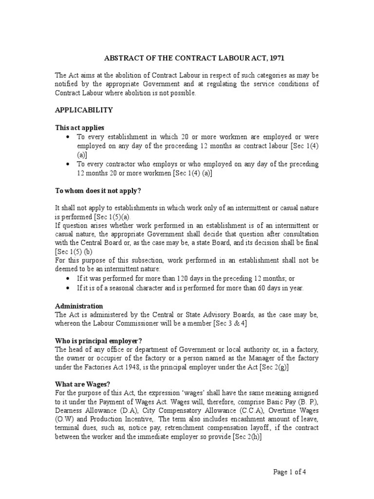 Abstract of the Contract Labour Act, 1971 Overtime Employment