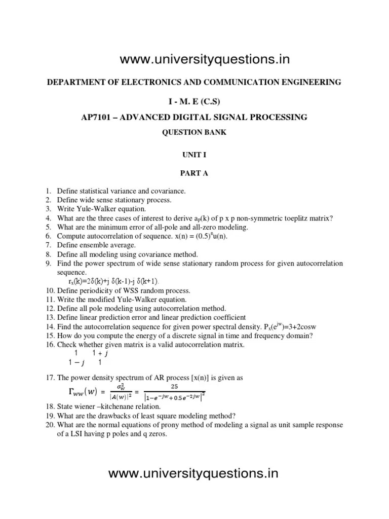 AP7101Advanced Digital Signal Processing Question Bank PDF