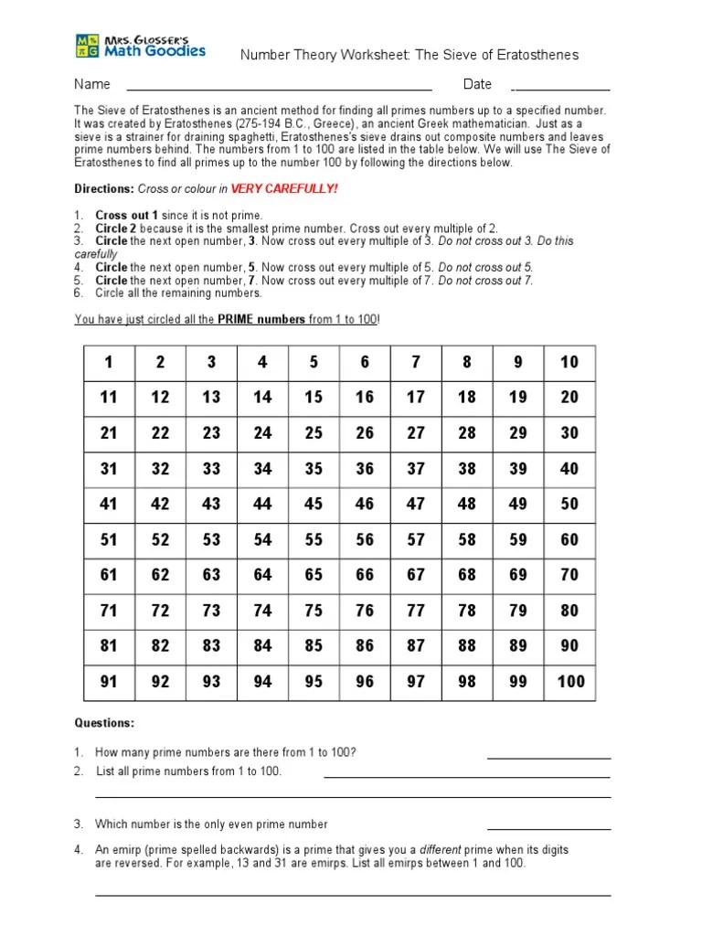 Sieve of Eratosthenes - Worksheet