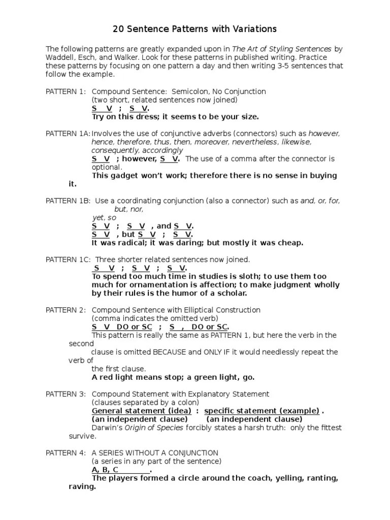 20 Sentence Patterns Reference Sheet PDF Sentence (Linguistics