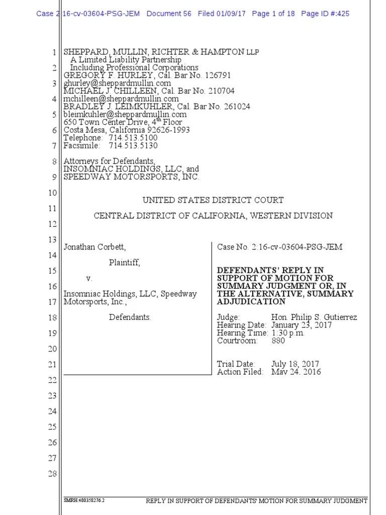 Corbett V Insomniac Motion For Summary Judgment Reply PDF Summary Judgment Americans With
