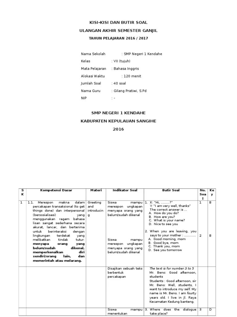 Kisi-Kisi Dan Butir Soal Bahasa Inggris Kelas 7 | PDF