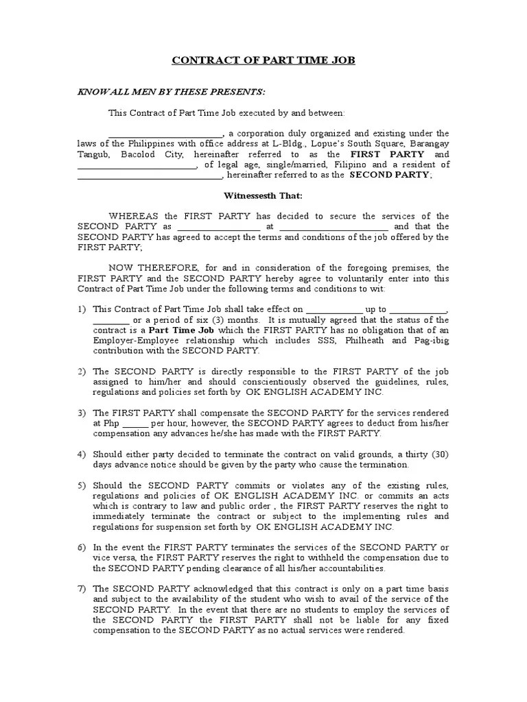 Part Time Template Contract of Employment Contractual Term Employment Free 30day Trial