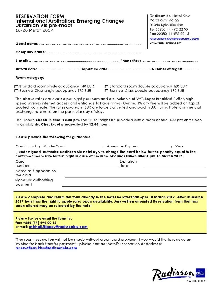 Reservation Form Radisson Blue Hotel Kyiv PDF