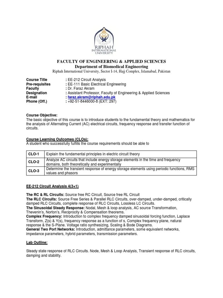 Analysis of AC Circuits Course Syllabus for EE212 Circuit Analysis