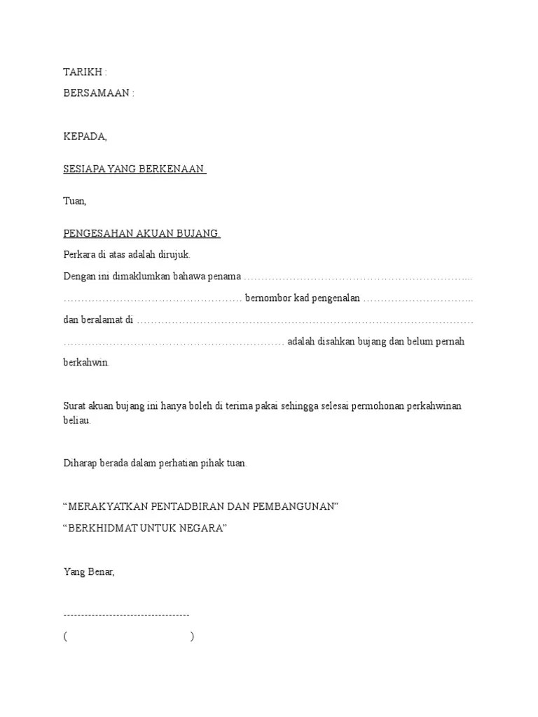 Contoh Surat Akuan Bujang Ketua Kampung - Surat Akuan Bujang Pdf