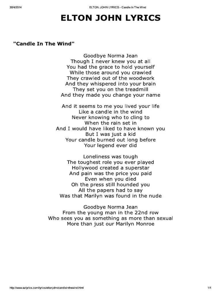 Elton John Lyrics Candle in The Wind PDF
