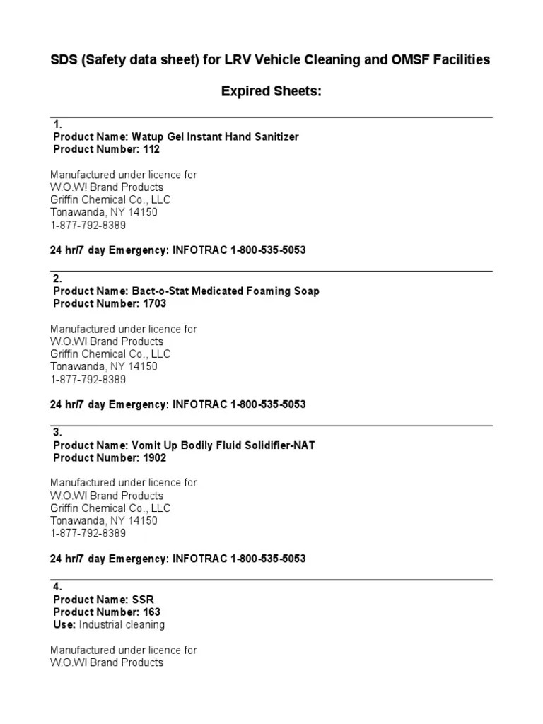 SDS (Safety Data Sheet) For LRV Vehicle Cleaning and OMSF Facilities