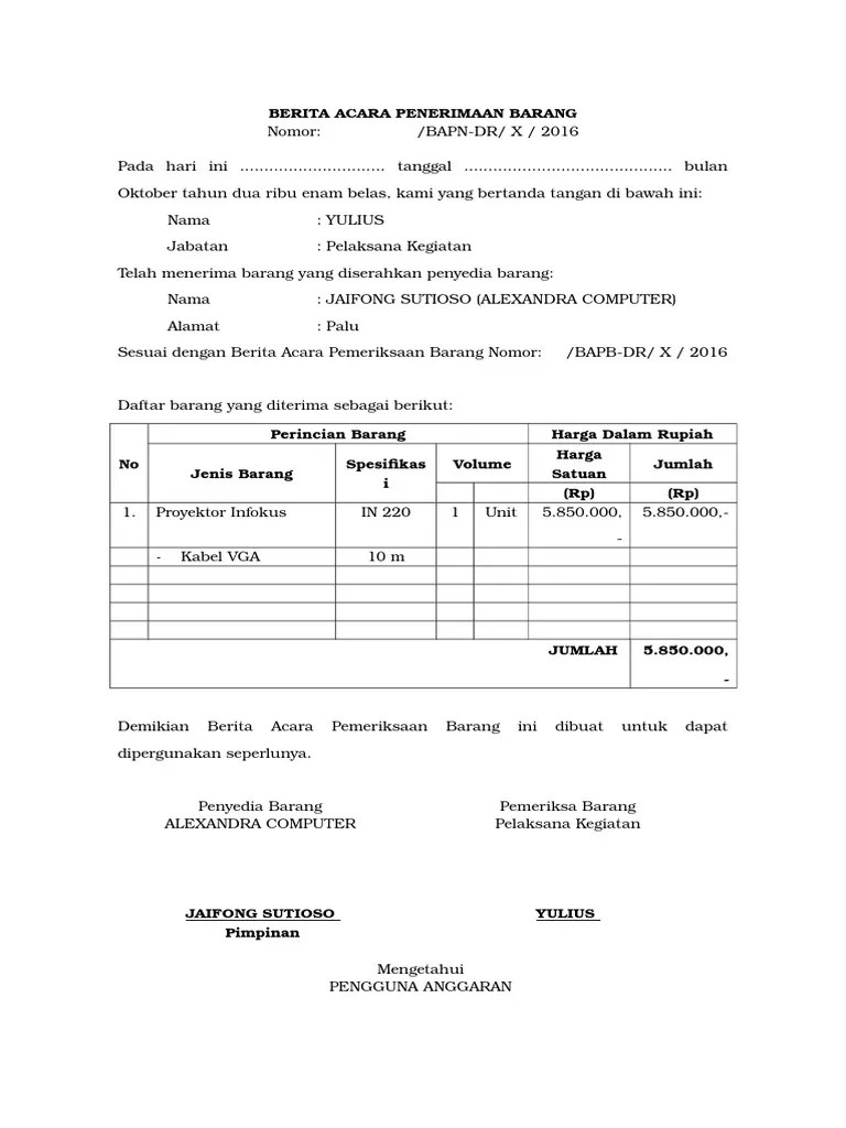Berita Acara Penerimaan Barang | PDF